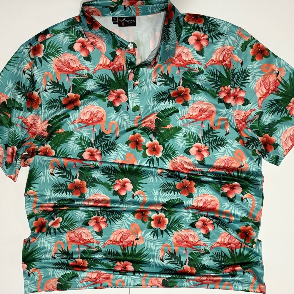 Yatta Golf Vibrant Flamingo Print Polo Shirt